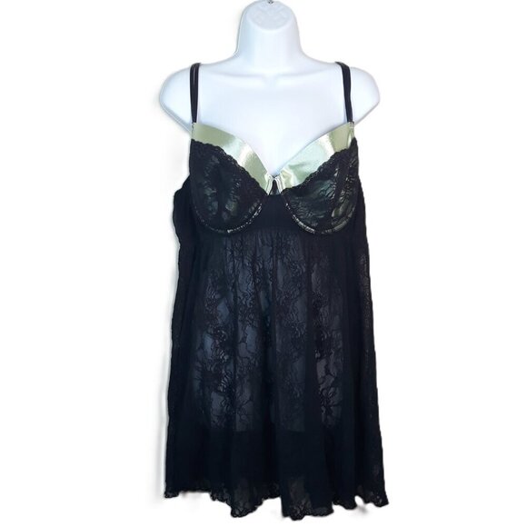 Cacique Black Floral Lace Mesh Sheer Satin Underwire Babydoll Chemise 26/28 - Picture 1 of 10